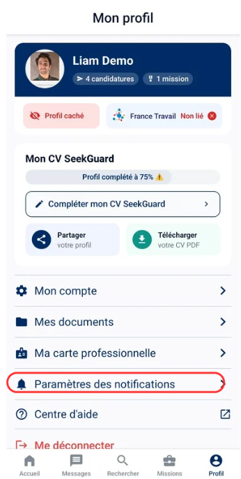 Écran de Profil avec la section Notifications mise en évidence